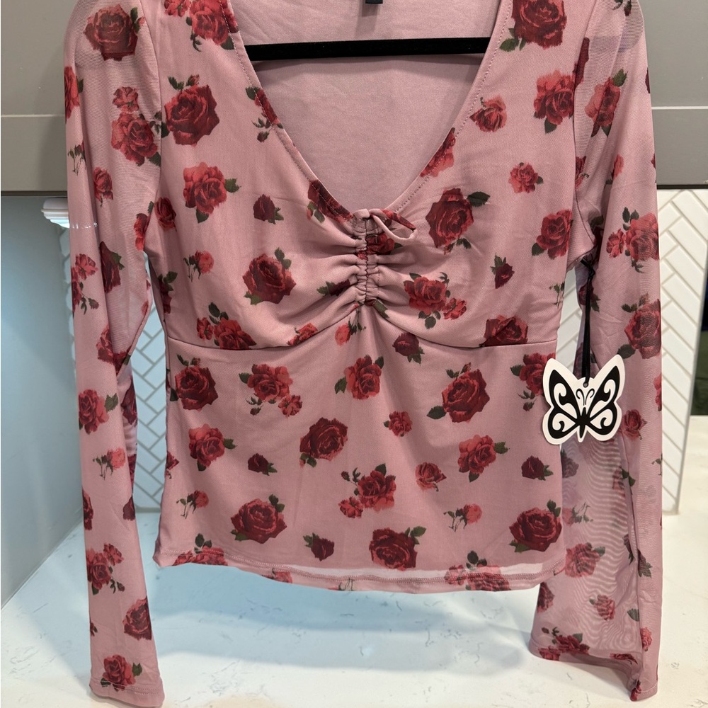 Self Esteem Pink Long Sleeve Ruched Blouse